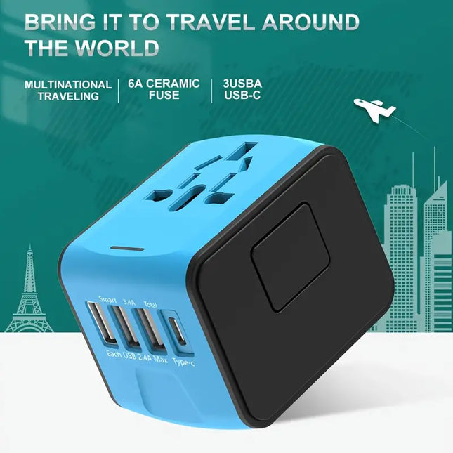 Universal Travel Adapter with 4 USB Ports and Type-C Port - Blue