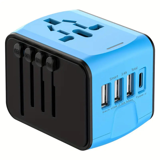 Universal Travel Adapter with 4 USB Ports and Type-C Port - Blue
